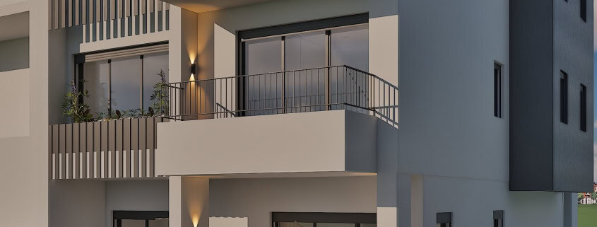 Contemporary apartment building with modern architecture and spacious balconies.