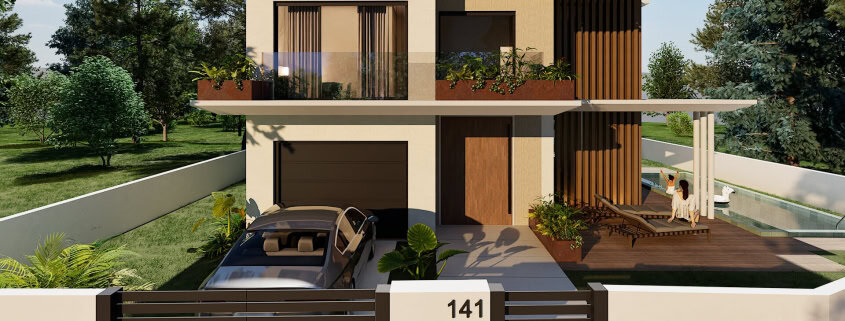 Design de casa moderna com jardim e piscina, projeto de Arquitetura Cria+ Arquitetos.