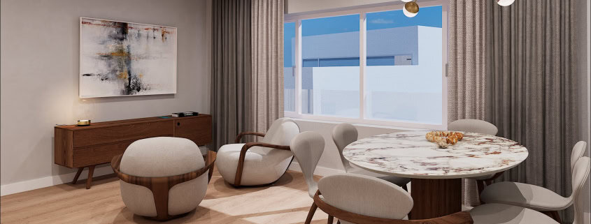 Sofá e cadeiras de design contemporâneo em sala de estar moderna com grandes janelas e iluminação elegante.