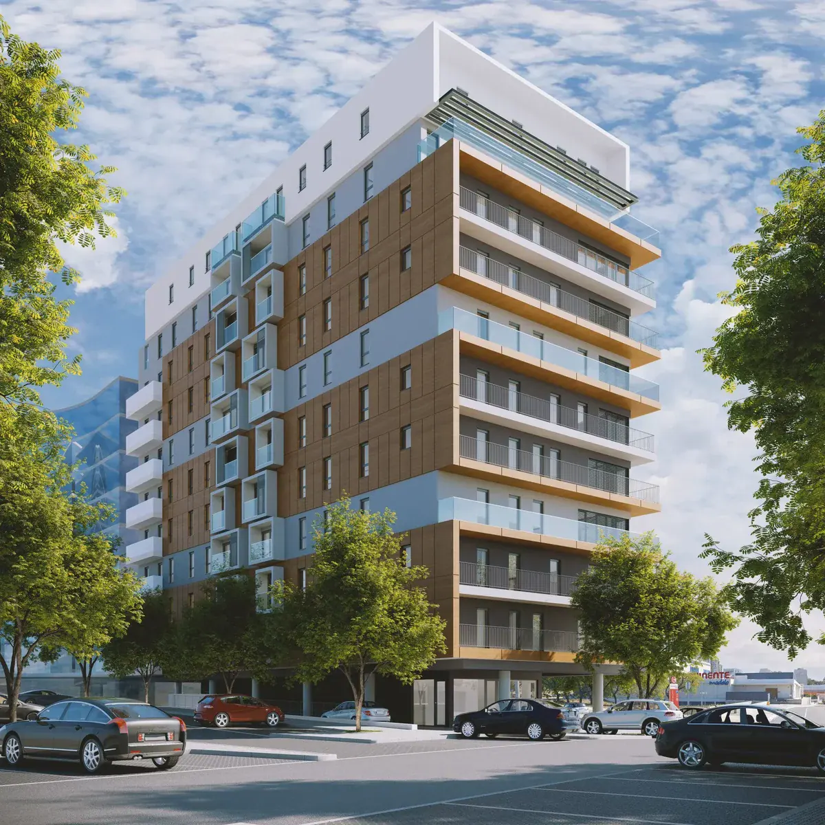 Edifício residencial moderno com varandas amplas e fachada de madeira e vidro em Lisboa.